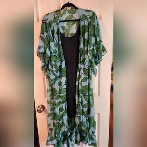 CAbi Derby Flutter Dress Set - 2 In 1, Leaf Print in Green and Blue, M